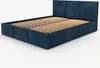 A dark blue upholstered bed frame with a slatted mattress base, shown from a three-quarter angle on a white background. Náhľad obrázku produktu