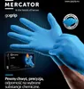 A person putting on a blue nitrile glove with a textured surface. Voir les images du produit