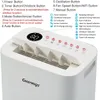 A close-up view of the top panel of a white dehumidifier, showing buttons, indicators, and a digital display, with a diagram explaining the controls. Produktbild-Vorschau