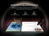 Hands interacting with a tablet displaying different content on each half of the screen, with feature callouts above. Produktbild-Vorschau