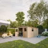A wooden garden shed with an open door, a yellow scooter parked nearby, and a child's bicycle on the patio. Anteprima dell’immagine prodotto