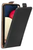 A black flip case for a smartphone is shown open, revealing the phone screen and a portion of the phone's interior. The case is made of leather-like material and has stitching around the edges. Produktbild-Vorschau