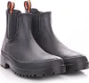 A pair of black Chelsea rain boots with orange and black pull tabs on a white background. Produktbild-Vorschau