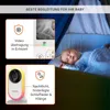 A baby sleeping in a crib, with marketing graphics of a baby monitor and its features overlaid on the left side. Produktbild-Vorschau