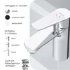 A close-up view of a modern chrome faucet with color and size options displayed on the left. Produktbild-Vorschau