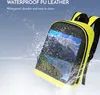 A yellow and black backpack with a LED screen is shown with water splashing around it. Podgląd zdjęcia produktu