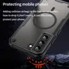 A close-up, angled view of a black mobile phone case, with text overlay describing its protective features. Náhled obrázku produktu