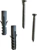 Two gray plastic wall plugs and two silver screws on a white background. Produktbild-Vorschau