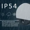 A dark, rainy background with text and icons indicating weather resistance and product specifications. Produktbild-Vorschau
