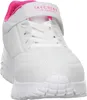 A close-up, front-facing view of a white Skechers sneaker with pink accents. Voir les images du produit