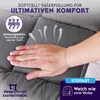 A hand pressing into a soft, gray blanket, illustrating its comfort and breathability. Produktbild-Vorschau