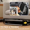 A pug is shown inside a dog crate in the back of a car, and a folded dog bed is shown underneath a couch. Produktbild-Vorschau