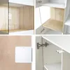 A collage of four close-up images showing different details of a white and wood-toned cabinet with glass elements. Produktbild-Vorschau