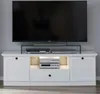 A white TV stand with a large black television on top, and electronic devices on shelves. Produktbild-Vorschau