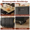 A collage of four images showcasing different details of a black kitchen island with a wood-tone countertop. Produktbild-Vorschau