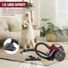 A vacuum cleaner with its accessories is shown on a rug in a living room with a dog and furniture in the background. Produktbild-Vorschau