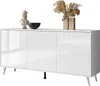 A white, high-gloss sideboard with three doors, standing on chrome legs. Decorative items, including a bust and a vase with dried flowers, are placed on top. Produktbild-Vorschau