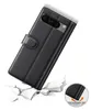 A black leather phone case for a Google Pixel 8 Pro is shown at an angle, with a graphic indicating it is falling and protected. Produktbild-Vorschau