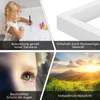 A collage of images showing a child drawing, a close-up of a white frame, a child's eye, and a landscape at sunset. Produktbild-Vorschau