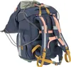 The back view of a blue backpack with pink and yellow accents, set against a white background. Voir les images du produit