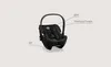 A black baby car seat with labels pointing to its materials. Produktbild-Vorschau
