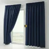 Two navy blue curtains are shown hanging on a window rod, with one curtain partially drawn open. Produktbild-Vorschau