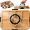 A charcuterie board with a clear lid and handle, filled with various cheeses, meats, olives, and grapes. The board is made of bamboo and has multiple compartments. Produktbild-Vorschau