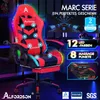 A red and black gaming chair with LED lights and massage points is advertised with promotional text and logos. Produktbild-Vorschau