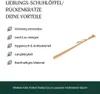 A wooden shoehorn and back scratcher with a list of its benefits and a call to action to visit a store. Produktbild-Vorschau