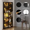 A corner display cabinet with LED lighting, showcasing various items on its shelves, with close-up marketing callouts on the right side. Anteprima dell’immagine prodotto