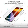 A clear phone case is shown floating above a phone, with colorful confetti scattered around. Produktbild-Vorschau