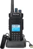 A Retevis Ailunce HD2 Ham Radio is shown in its charging cradle with a USB cable connected. A separate earpiece accessory is placed to the left of the radio. Produktbild-Vorschau