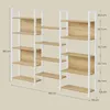 A multi-shelf storage unit with a wood and white finish, shown with dimensions. Produktbild-Vorschau