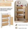 A shoe cabinet with multiple compartments and a drawer, shown in a room setting with decorative items and shoes. Produktbild-Vorschau