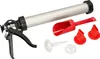 A mortar gun with various attachments and a metal shovel are laid out on a white background. Produktbild-Vorschau