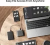 A laptop, smartphone, and two external storage devices are arranged on a wooden table, connected by cables, suggesting file access and data transfer. Anteprima dell’immagine prodotto