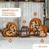 Four metal heart-shaped log holders of different sizes are displayed in front of a wooden wall, filled with firewood. Text overlays describe the product's ease of setup and use. Produktbild-Vorschau