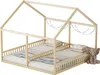 A wooden house-shaped bed frame with two twin beds, complete with bedding and pillows, and a stuffed elephant toy. Anteprima dell’immagine prodotto