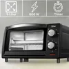 A black Zilan mini oven with its door open, showing the interior and racks. Above the oven, there are three graphic icons with text. Produktbild-Vorschau