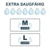 The image displays information about the absorbency of a product, indicated by water drop icons, and provides size information for medium and large sizes. Anteprima dell’immagine prodotto