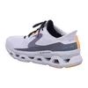 A side view of a white Skechers Slip-Ins sneaker with gray and orange accents, isolated on a white background. Voir les images du produit