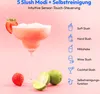 A slush machine with a strawberry margarita and various fruits, along with icons and text describing its functions. Produktbild-Vorschau