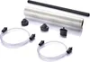 A collection of vacuum sealing accessories, including a roll of vacuum seal bags, several sealing caps, and two vacuum hoses with connectors, arranged on a white background. Produktbild-Vorschau