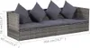 A gray rattan sofa with dark gray cushions and pillows, shown with dimensions indicated. Podgląd zdjęcia produktu