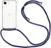 A clear product shot of a smartphone with a clear case and a blue lanyard attached, isolated on a white background. Produktbild-Vorschau