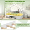 A white house-shaped bed with storage shelves and a mattress in a child's room. Produktbild-Vorschau