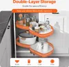 A double-layer corner storage organizer filled with kitchen items inside a cabinet. Voir les images du produit