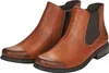 A pair of brown leather Chelsea boots with a zipper and elastic side panels, displayed against a white background. Produktbild-Vorschau