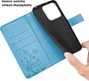 A hand is holding a black phone case over an open blue flip case with card slots and a butterfly design. Produktbild-Vorschau