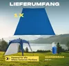 A blue tarp is shown suspended above a blue and white pop-up pavilion set up in a grassy field with a lake and mountains in the background. Produktbild-Vorschau